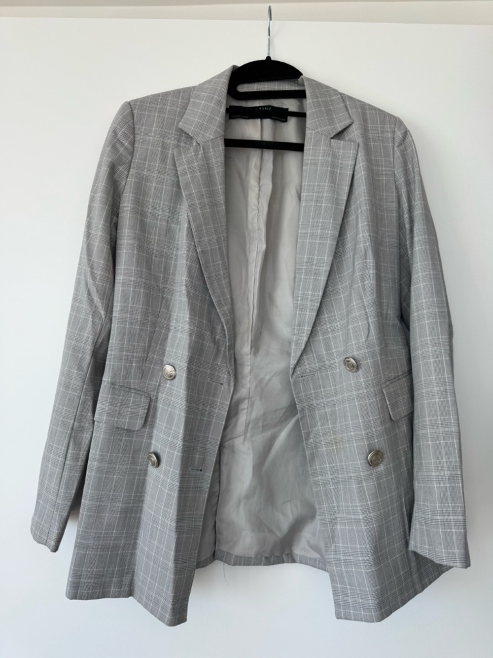 Zara Gray Plaid Double-Breasted Blazer